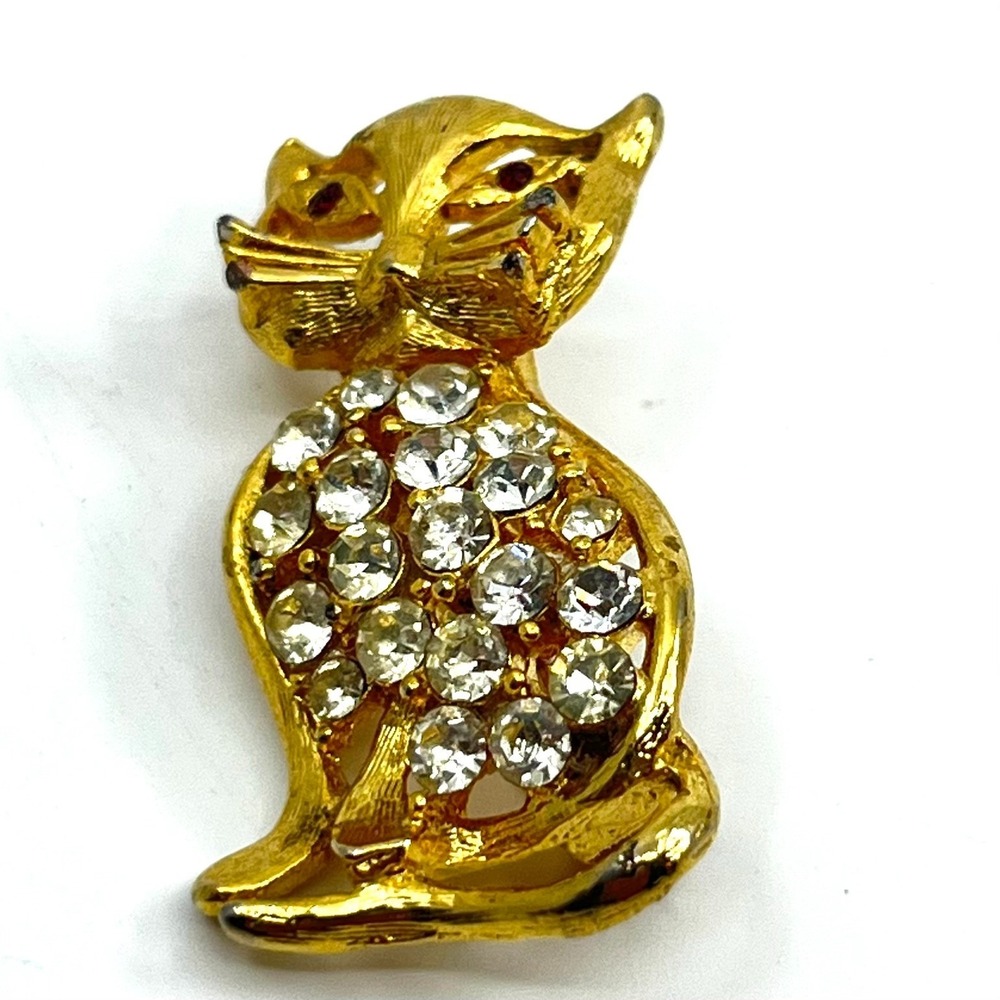 Vintage Gold Tone Rhinestone Cat Brooch Red Eye Cat Pin Retro Mid Century Style